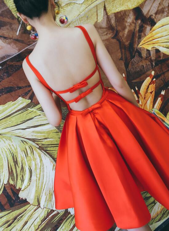 Beautiful Red Backless Satin Party Dress, Cute Short Prom Dress
