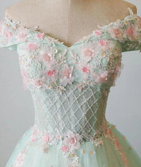Elegant Off Shoulder Light Green Tulle Sweet 16 Dress, Long Formal Gown