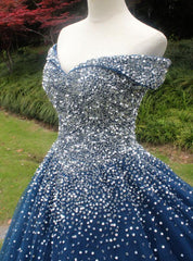 Beautiful Sweetheart Tulle Blue Beaded Formal Dress, Blue Sweet 16 Gown