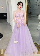 Beautiful Tulle Lavender Straps Prom Dress, A-line Evening Dress