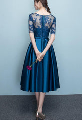 Lovely Blue Short Sleeves Lace and Satin Party Dress, Blue Homecoming Dresses