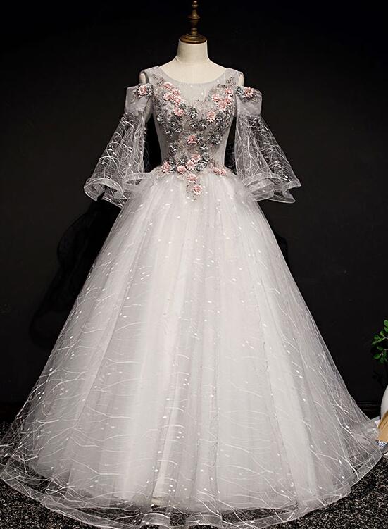 Charming Floral and Lace Ball Gown Sweet 16 Dress, Light Grey Party Dress