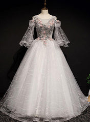 Charming Floral and Lace Ball Gown Sweet 16 Dress, Light Grey Party Dress