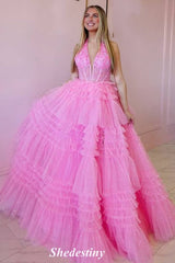 Plunging V-Neck A-Line Mist Layered Halter Prom Dress with Slit