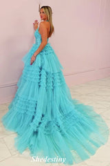 Plunging V-Neck A-Line Mist Layered Halter Prom Dress with Slit
