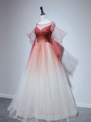 Burgundy tulle off shoulder beads long prom dress, burgundy evening dress