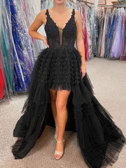 Red v neck high low lace tulle prom dress, tulle lace evening dress