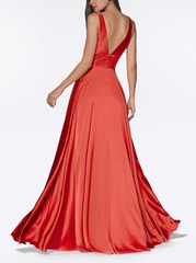 Aimishang Elegant Formal Women's Dresses Evening Wear Long Satin V-Neck Dress with Slit