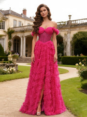 Off-Shoulder Sequin Bodice Tiered Ruffle Gown Fuchsia