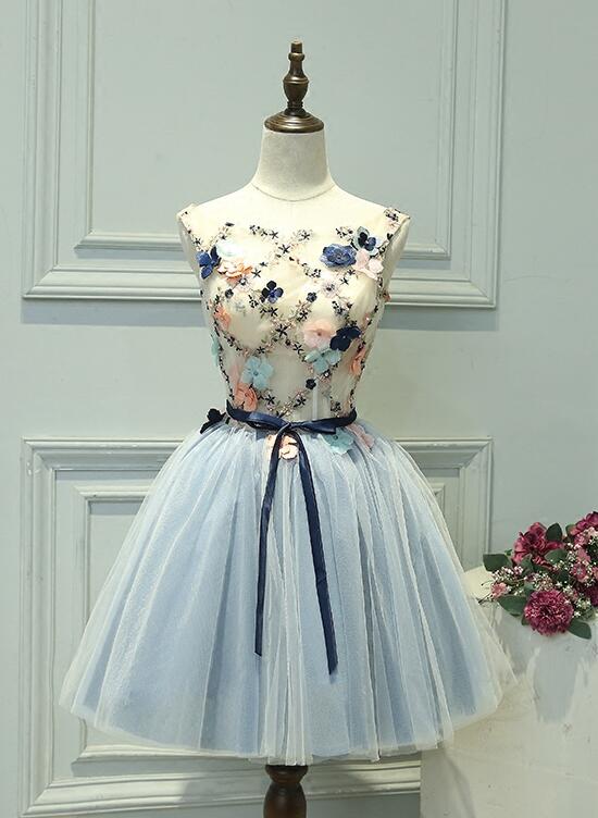 Cute Light Blue Short Tulle Homecoming Dress, Blue Prom Dress