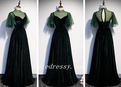 Dark Green Velvet with Puffy Sleeves Tulle Prom Dresses, A-line Green Party Dresses Formal Dress