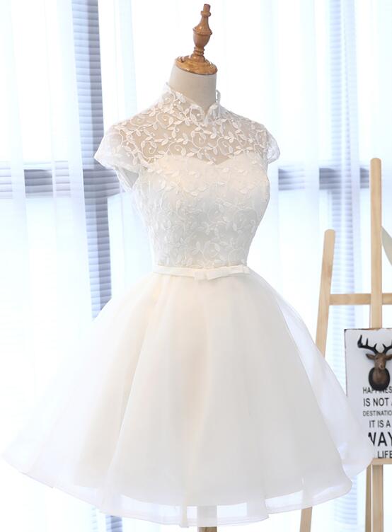 Cute White Tulle Short Lace Cap Sleeves Party Dress, White Homecoming Dress