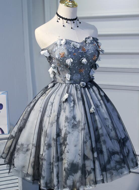 Unique Grey Floral Sweetheart Short Party Dress, Homecoming Dress