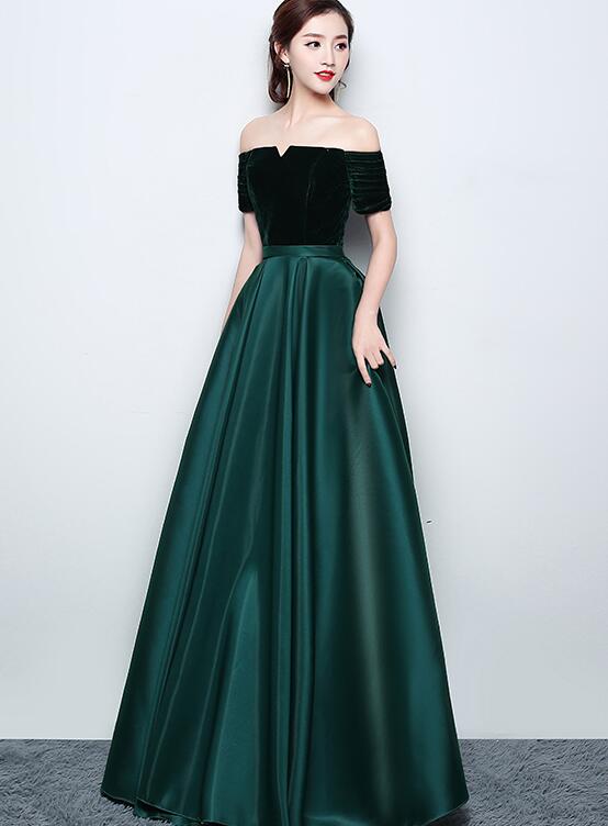 Beautiful Satin and Velvet Long Party Dress, Simple Off Shoulder Prom Dress