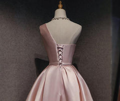Pink Satin One Shoulder Homecoming Dress, Knee Length Prom Dress