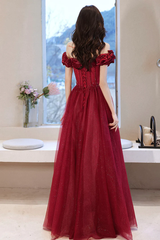 Wine Red Off Shoulder Beaded Sweetheart Long Party Dress, A-line Prom Dress