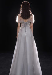 Light Grey Beaded Off Shoulder Tulle A-line Junior Prom Dress, Grey Long Evening Dress