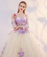 Unique Champagne Tulle Ball Gown with Lavender Flowers Formal Dress, Sweet 16 Dresses