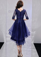 Navy Blue Short Sleeves High Low Homecoming Dress with Lace, Short Sleeves Prom Dress Party Dress