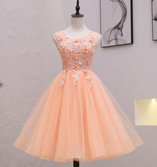 Cute Pink Flowers and Lace Applique Round Neckline Party Dress, Pink Homecoming Dress
