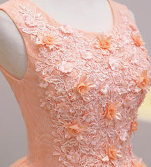 Cute Pink Flowers and Lace Applique Round Neckline Party Dress, Pink Homecoming Dress