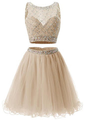 Two Piece Champagne Beaded Tulle Homecoming Dress, Short Prom Dress Party Dress
