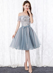 Lovely Organza Tulle Grey-Blue Short Sweetheart Lace Homecoming Dress, Short Party Dress