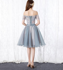 Lovely Organza Tulle Grey-Blue Short Sweetheart Lace Homecoming Dress, Short Party Dress
