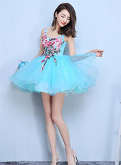 Blue Organza Mini Party Dress with Embroidery Homecoming Dress, Blue Short Dress