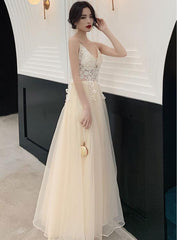 Ivory Organza Straps Lace Long A-line Junior Prom Dress, Beautiful Long Party Dresses