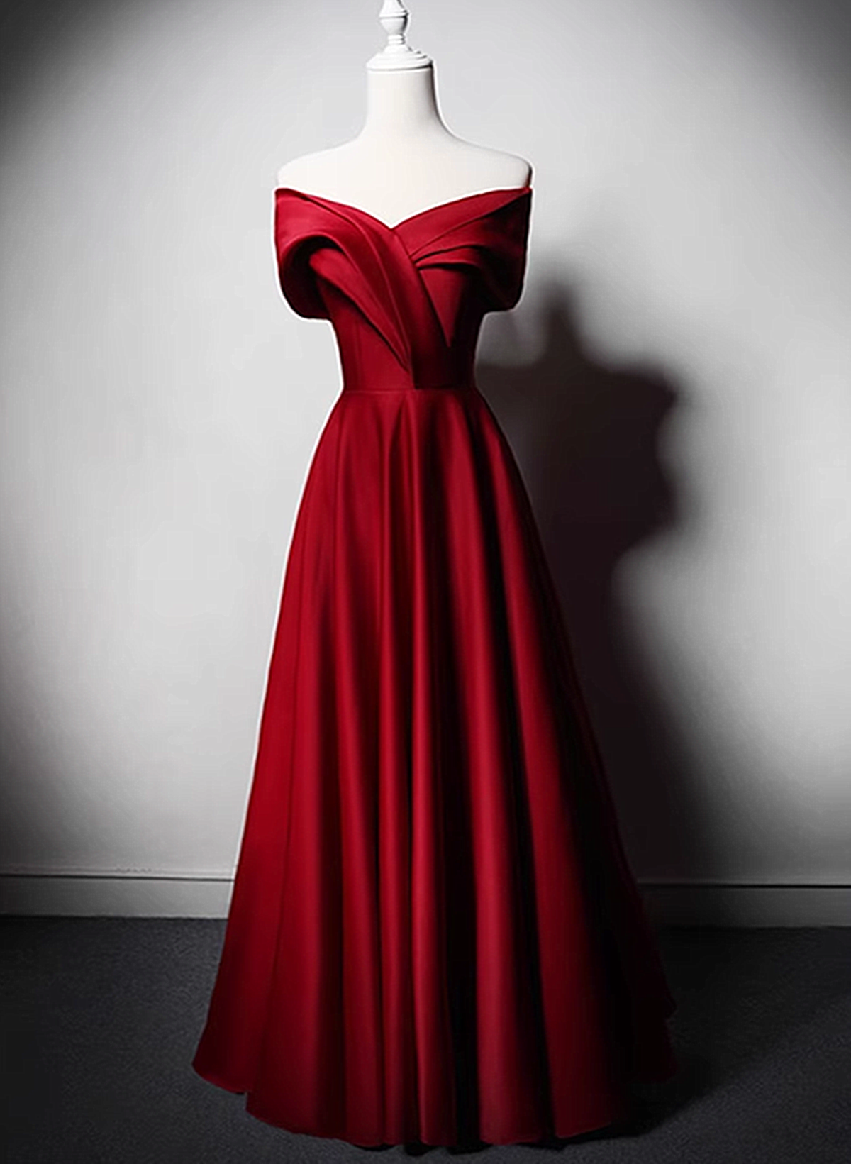 Wine Red Satin Off Shoulder A-line Party Dress, Wine Red Long Formal Dress Prom Dress