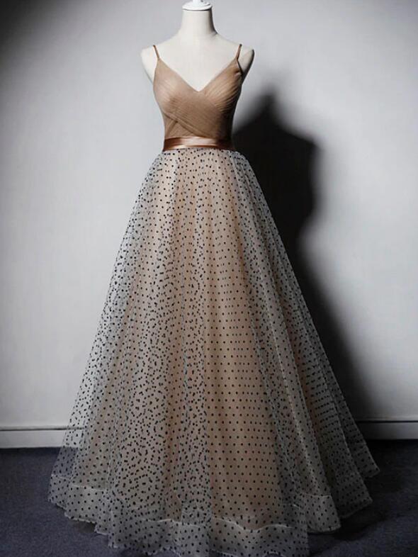 Champagne V-neckline Straps Long Party Dress Prom Dress, A-line Tulle Evening Dresses
