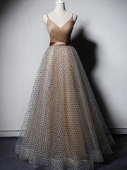 Champagne V-neckline Straps Long Party Dress Prom Dress, A-line Tulle Evening Dresses