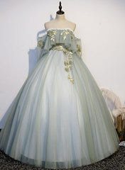 Light Green Tulle Long Party Dress Sweet 16 Dresses, Off Shoulder Prom Dresses