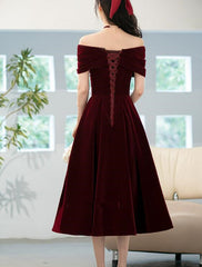 Beautiful Wine Red Velvet Bridesmaid Dress, Off Shoulder Tea Length Prom Dresses