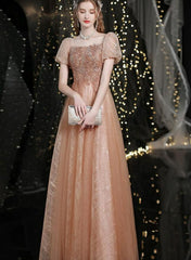 Lovey Tulle Short Sleeves Shiny Tulle Long Prom Party Dress, A-line Floor Length Formal Dresses