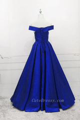Blue Satin Off Shoulder Simple A-line Prom Dress, Blue Evening Formal Dresses