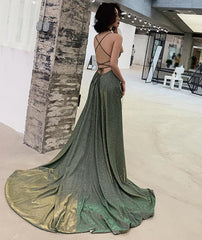 Lovely Green Backless Long Shiny Prom Dress Party Dress, Green Evening Dresses