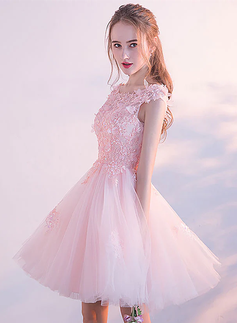 Pink Tulle with Lace and Flowers Short Prom Dresses, Pink Tulle Homecoming Dress