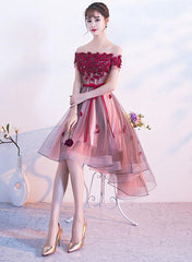 Pink High Low Tulle Party Dress with Flowers, Pink Homecoming Dresses