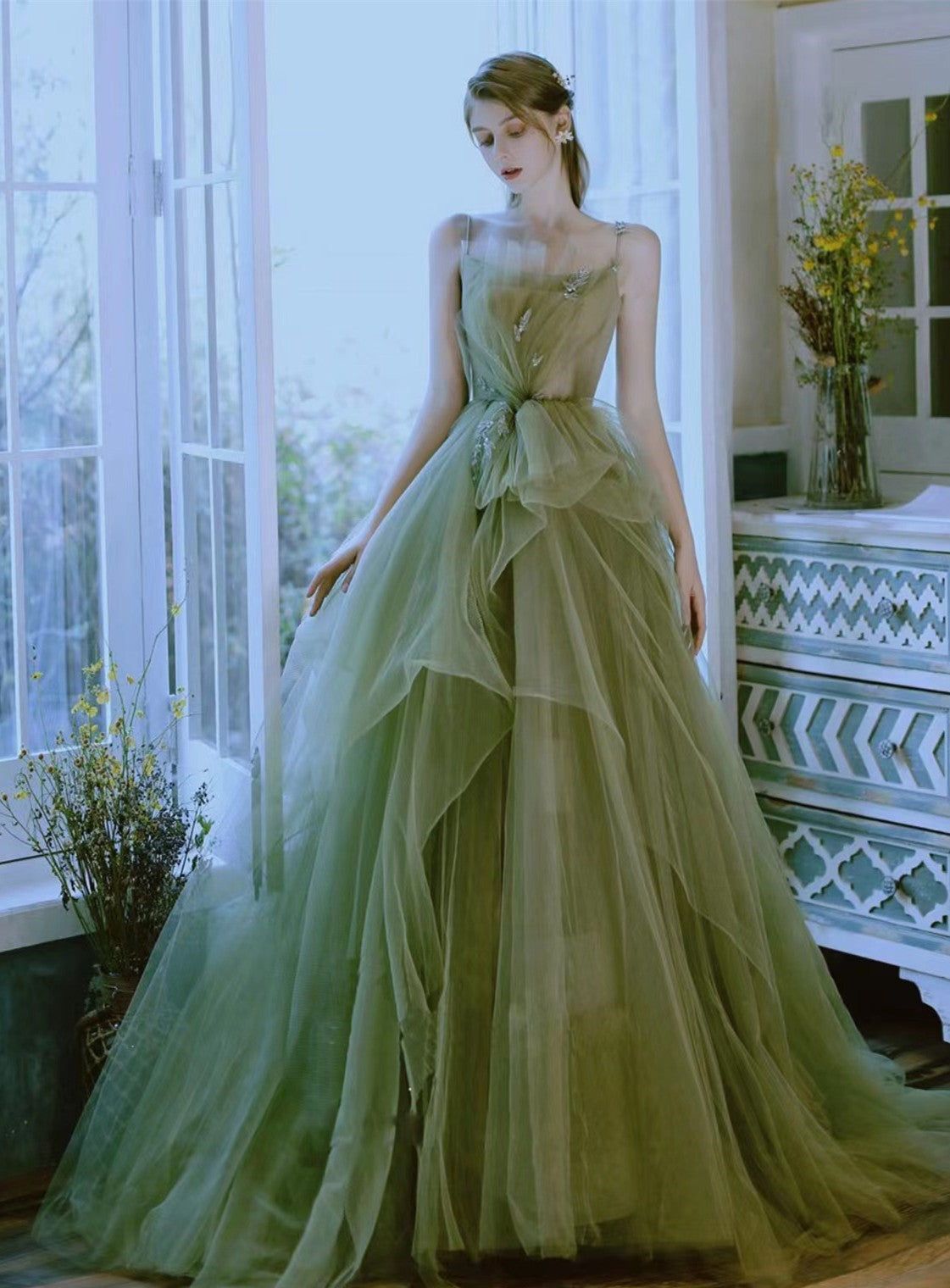 Green Tulle Floor Length Straps Long Wedding Party Dress, Green Tulle Prom Dresses