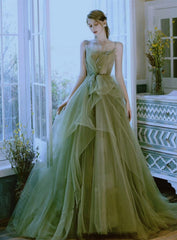 Green Tulle Floor Length Straps Long Wedding Party Dress, Green Tulle Prom Dresses
