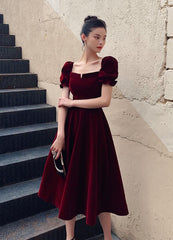 Wine Red Velvet Tea Length Short Sleeves Party Dress, Dark Red Evening Dresses
