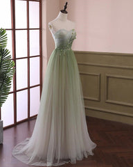 Green Sweetheart Gradient Beaded Tulle Floor Length Party Dress, Green Junior Prom Dresses
