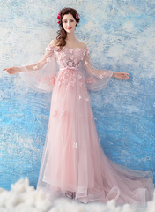 Pink Flowers and Tulle Long Puffy Sleeves Prom Dress, Pink Long Party Dress Evening Dress