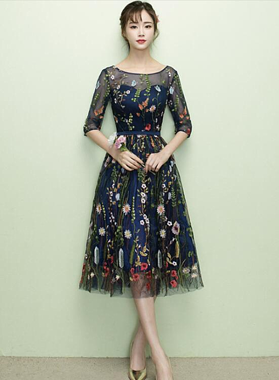 Navy Blue Floral Lace Short Bridesmaid Dresses, Cute Blue Homecoming Dress Prom Dress