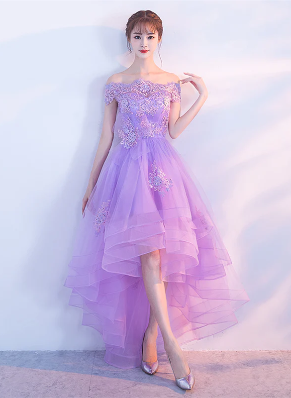 Purple High Low Off Shoulder Lace Applique Prom Dresses, Light Purple Homecoming Dresses