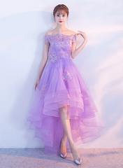 Purple High Low Off Shoulder Lace Applique Prom Dresses, Light Purple Homecoming Dresses