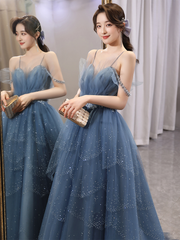 Blue Tulle Sweetheart Beaded Straps A-line Junior Prom Dress, Blue Long Evening Dress