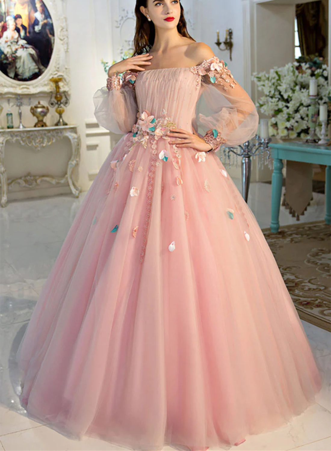 Lovely Puffy Sleeves Pink Off Shoulder Long Sweet 16 Dress, Pink Quinceanera Dress
